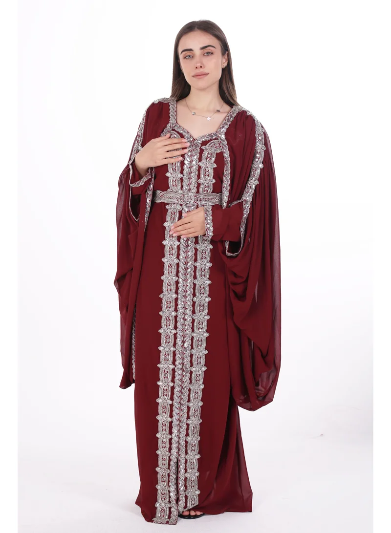 AL BENT AL SHARQIEH burgundy emboidered chiffon kaftan dress for Women | Best Price UAE
